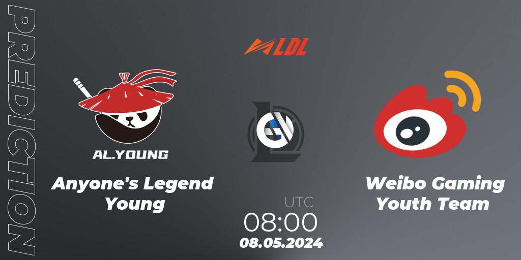 Pronósticos Anyone's Legend Young - Weibo Gaming Youth Team. 08.05.2024 at 08:00. LDL 2024 - Stage 2 - LoL
