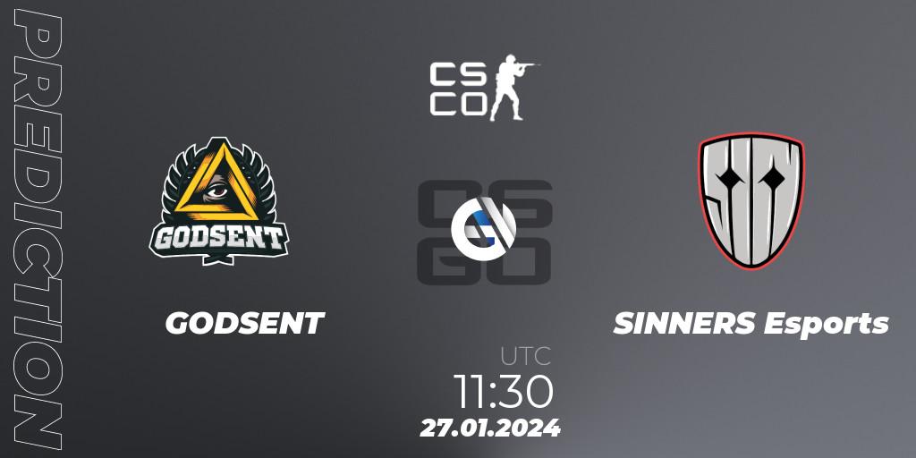 Pronósticos GODSENT - SINNERS Esports. 27.01.2024 at 11:30. European Pro League Season 13 - Counter-Strike (CS2)