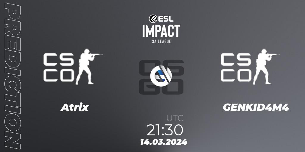 Pronósticos Atrix Esports - GENKID4M4. 14.03.2024 at 21:30. ESL Impact League Season 5: South America - Counter-Strike (CS2)