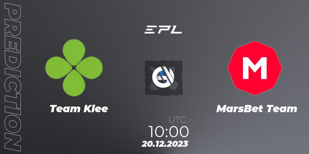 Pronósticos Team Klee - MarsBet Team. 20.12.2023 at 10:00. European Pro League Season 15 - Dota 2