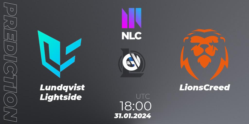 Pronósticos Lundqvist Lightside - LionsCreed. 31.01.2024 at 18:00. NLC 1st Division Spring 2024 - LoL