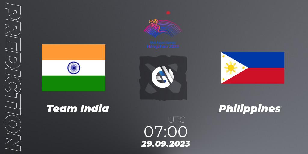 Pronósticos Team India - Philippines. 29.09.2023 at 07:00. 2022 Asian Games - Dota 2