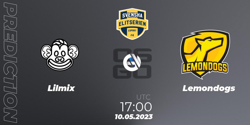Pronósticos Lilmix - Lemondogs. 10.05.2023 at 17:00. Svenska Elitserien Spring 2023: Online Stage - Counter-Strike (CS2)