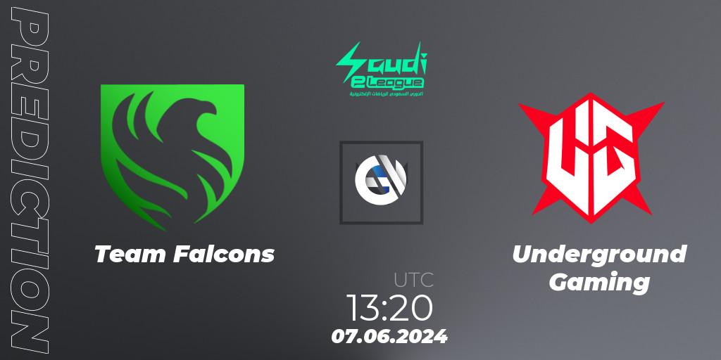 Pronósticos Team Falcons - Underground Gaming. 07.06.2024 at 13:20. Saudi eLeague 2024: Major 2 - VALORANT