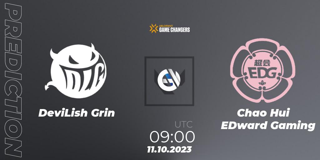 Pronósticos DeviLish Grin - Chao Hui EDward Gaming. 11.10.2023 at 09:00. VALORANT Champions Tour 2023: Game Changers China Qualifier - VALORANT
