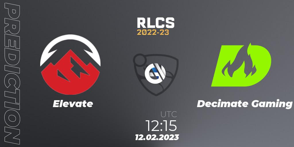 Pronósticos Elevate - Decimate Gaming. 12.02.2023 at 12:15. RLCS 2022-23 - Winter: Asia-Pacific Regional 2 - Winter Cup - Rocket League