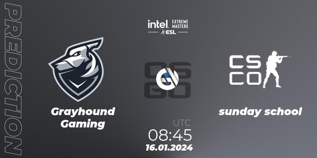 Pronósticos Grayhound Gaming - sunday school. 16.01.2024 at 08:45. Intel Extreme Masters China 2024: Oceanic Open Qualifier #1 - Counter-Strike (CS2)