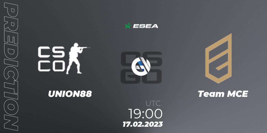 Pronósticos UNION88 - Team MCE. 17.02.2023 at 19:00. ESEA Season 44: Advanced Division - Europe - Counter-Strike (CS2)