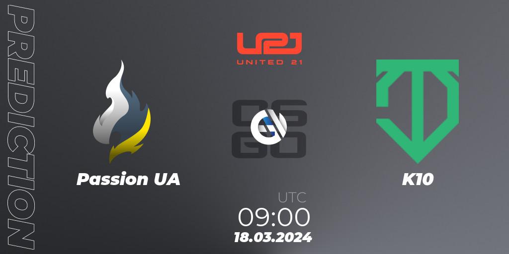 Pronósticos Passion UA - K10. 17.03.2024 at 12:00. United21 Season 13 - Counter-Strike (CS2)