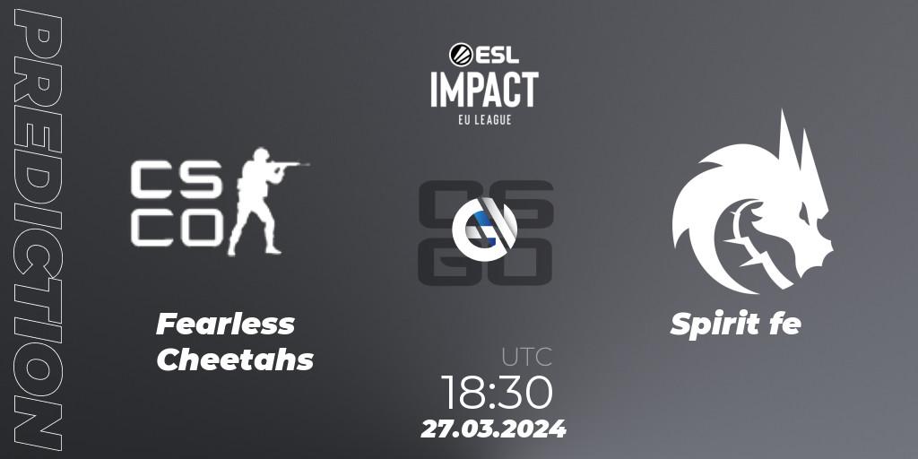 Pronósticos Fearless Cheetahs - Spirit fe. 27.03.2024 at 18:30. ESL Impact League Season 5: Europe - Counter-Strike (CS2)