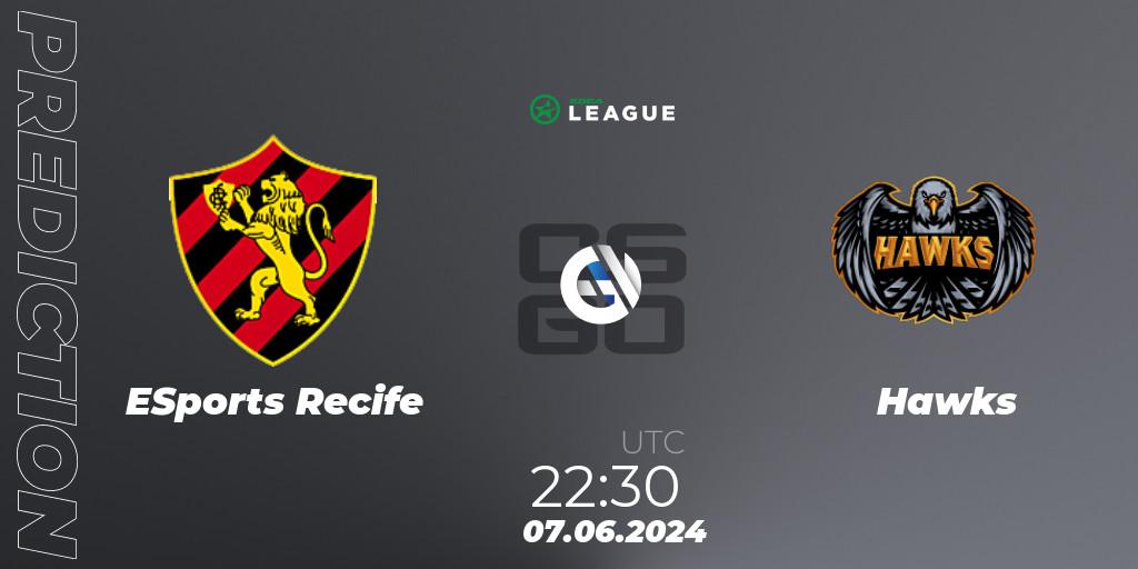 Pronósticos ESports Recife - Hawks. 07.06.2024 at 22:30. ESEA Season 49: Open Division - South America - Counter-Strike (CS2)
