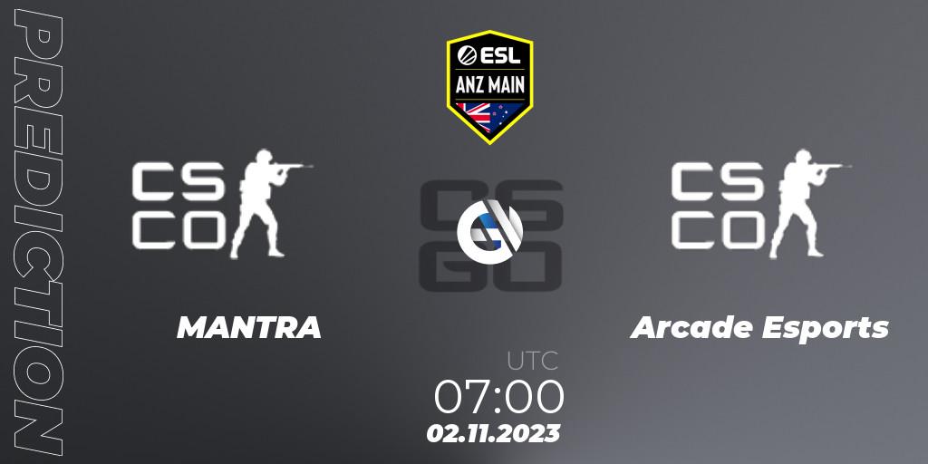 Pronósticos MANTRA - Arcade Esports. 02.11.2023 at 07:00. ESL ANZ Main Season 17 - Counter-Strike (CS2)