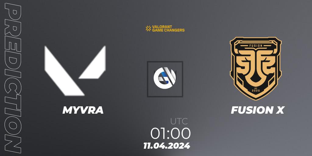 Pronósticos MYVRA - FUSION X. 11.04.2024 at 01:00. VCT 2024: Game Changers LAN - Opening - VALORANT
