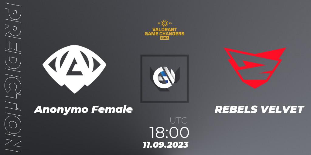 Pronósticos Anonymo Female - REBELS VELVET. 11.09.2023 at 18:30. VCT 2023: Game Changers EMEA Stage 3 - Group Stage - VALORANT