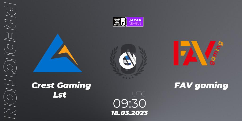 Pronósticos Crest Gaming Lst - FAV gaming. 18.03.2023 at 09:30. Japan League 2023 - Stage 1 - Rainbow Six