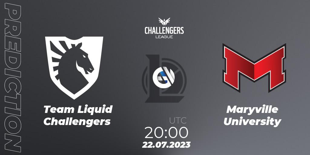 Pronósticos Team Liquid Challengers - Maryville University. 22.07.2023 at 20:00. North American Challengers League 2023 Summer - Playoffs - LoL