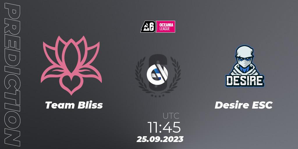 Pronósticos Team Bliss - Desire ESC. 25.09.2023 at 11:45. Oceania League 2023 - Stage 2 - Rainbow Six