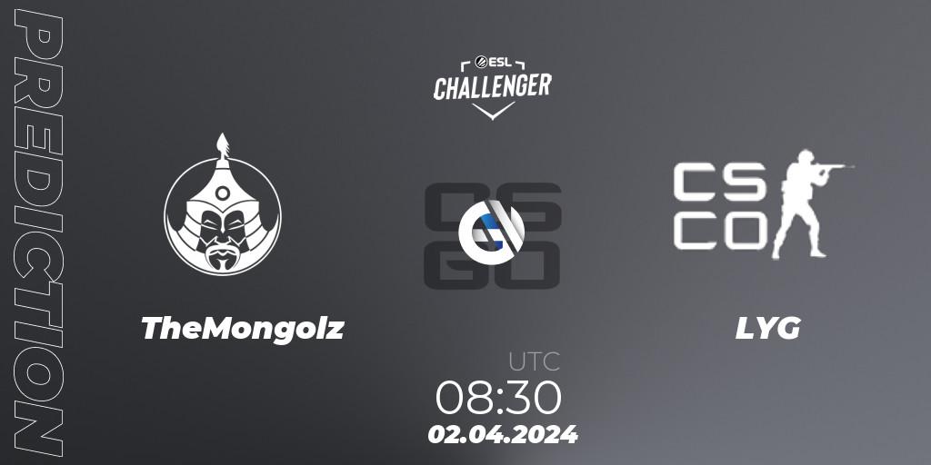 Pronósticos TheMongolz - LYG Gaming. 02.04.2024 at 08:30. ESL Challenger #57: Asian Closed Qualifier - Counter-Strike (CS2)