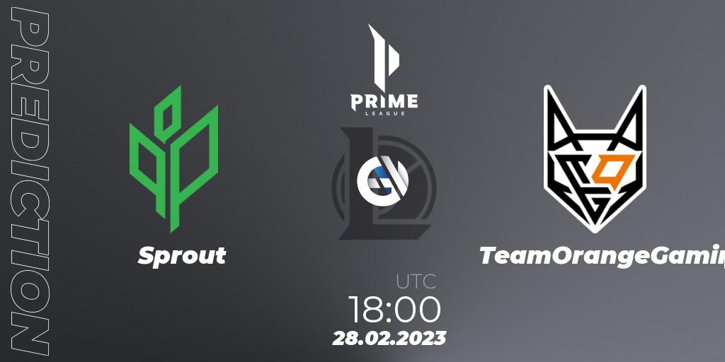 Pronósticos Sprout - TeamOrangeGaming. 28.02.2023 at 21:00. Prime League 2nd Division Spring 2023 - Group Stage - LoL