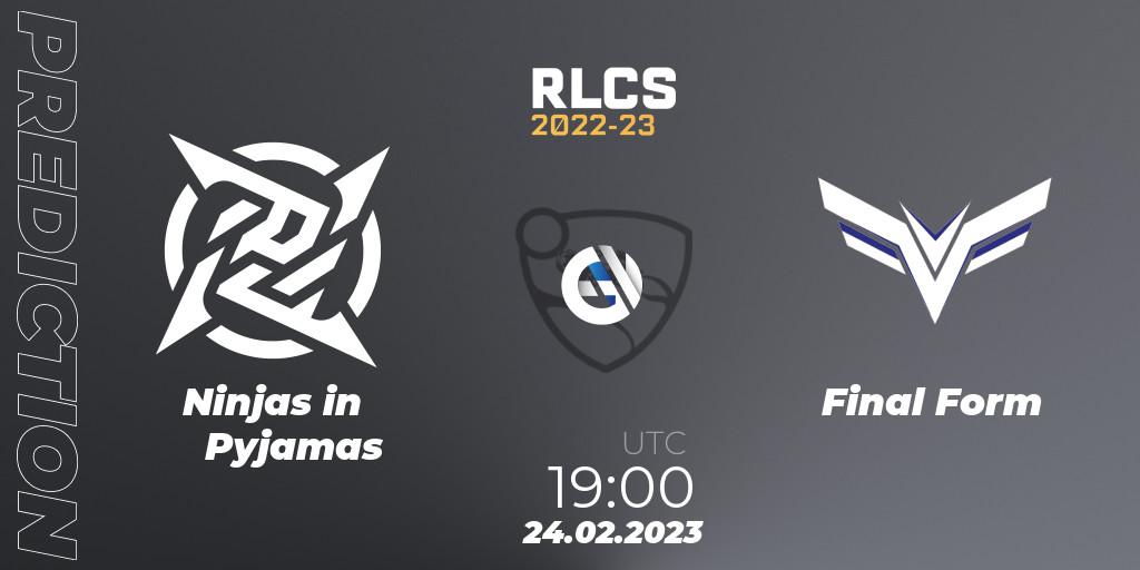 Pronósticos Ninjas in Pyjamas - Final Form. 24.02.2023 at 19:00. RLCS 2022-23 - Winter: South America Regional 3 - Winter Invitational - Rocket League
