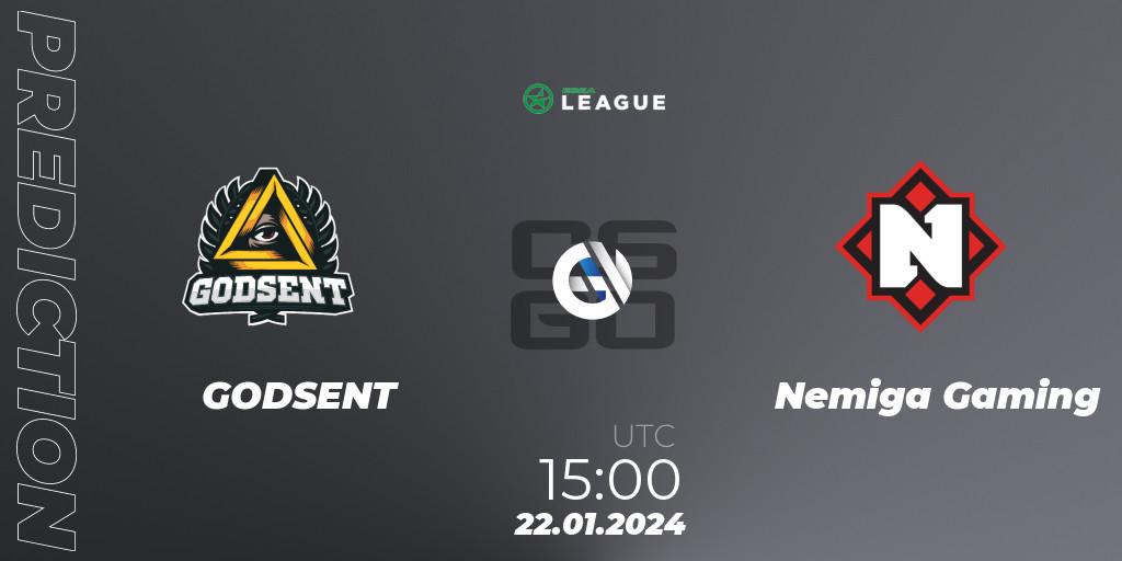 Pronósticos GODSENT - Nemiga Gaming. 24.01.2024 at 15:00. ESEA Season 48: Advanced Division - Europe - Counter-Strike (CS2)