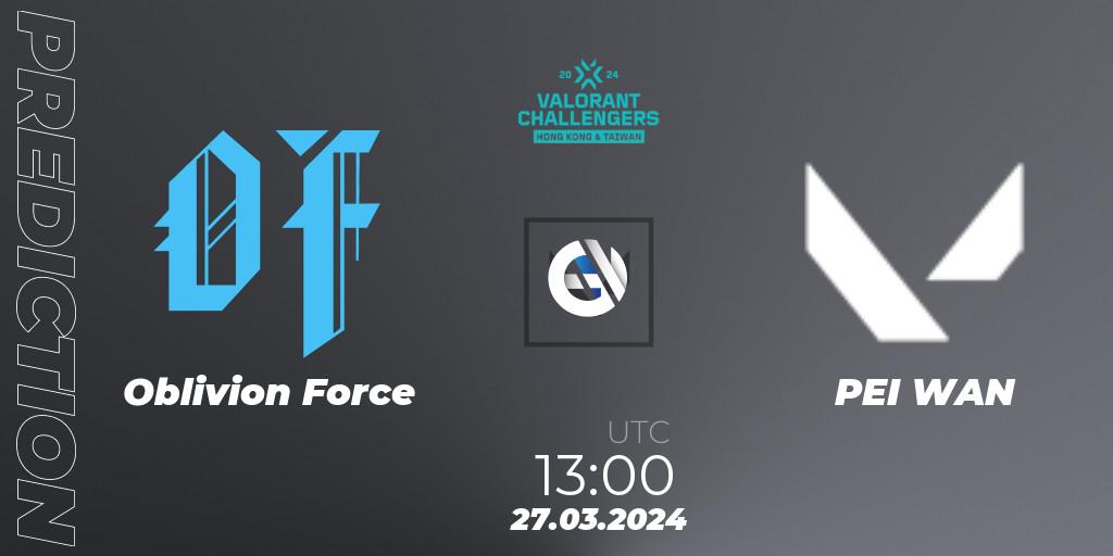 Pronósticos Oblivion Force - PEI WAN. 27.03.2024 at 14:30. VALORANT Challengers Hong Kong and Taiwan 2024: Split 1 - VALORANT