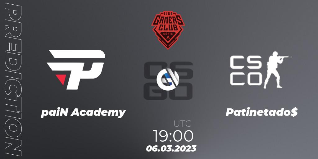 Pronósticos paiN Academy - Patinetado$. 06.03.2023 at 19:00. Gamers Club Liga Série A: February 2023 - Counter-Strike (CS2)