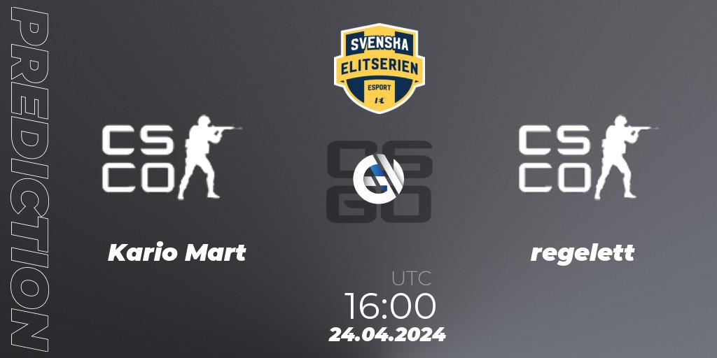 Pronósticos Kario Mart - regelett. 24.04.2024 at 16:00. Svenska Elitserien Spring 2024 - Counter-Strike (CS2)