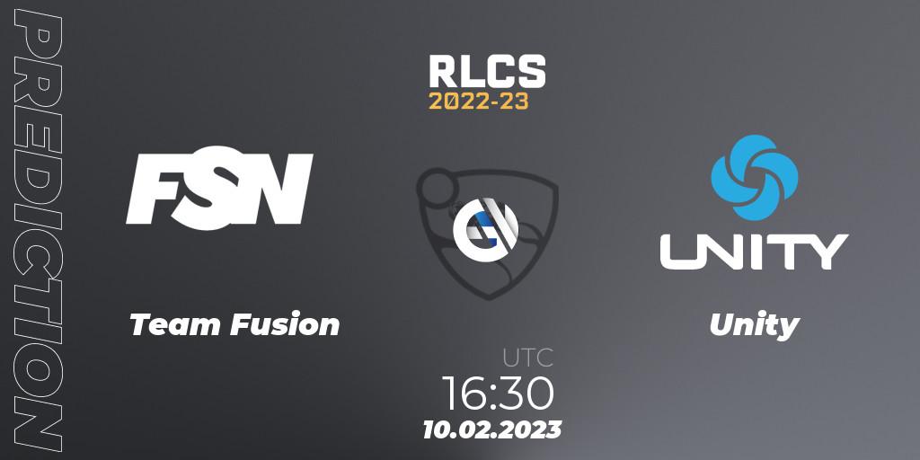 Pronósticos Team Fusion - Unity. 10.02.2023 at 16:30. RLCS 2022-23 - Winter: Sub-Saharan Africa Regional 2 - Winter Cup - Rocket League