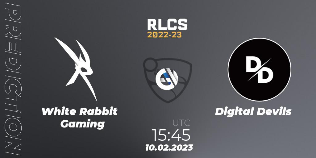 Pronósticos White Rabbit Gaming - Digital Devils. 10.02.2023 at 15:45. RLCS 2022-23 - Winter: Sub-Saharan Africa Regional 2 - Winter Cup - Rocket League