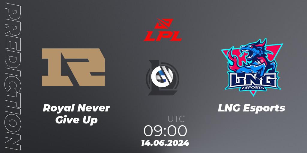 Pronósticos Royal Never Give Up - LNG Esports. 14.06.2024 at 09:00. LPL 2024 Summer - Group Stage - LoL
