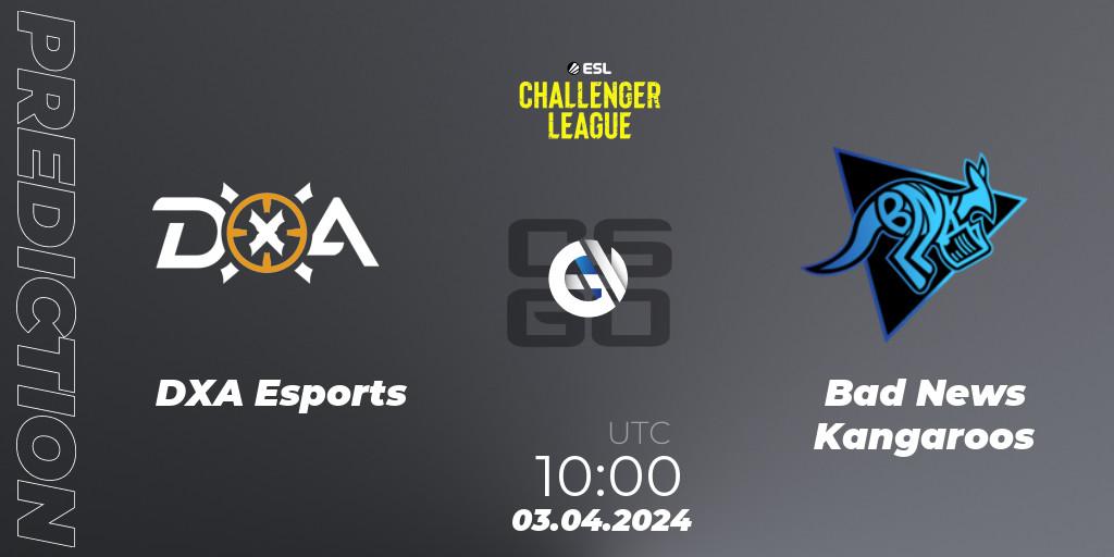 Pronósticos DXA Esports - Bad News Kangaroos. 03.04.2024 at 10:00. ESL Challenger League Season 47: Oceania - Counter-Strike (CS2)