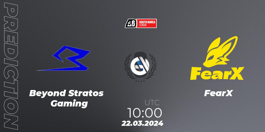 Pronósticos Beyond Stratos Gaming - FearX. 22.03.2024 at 10:00. South Korea League 2024 - Stage 1 - Rainbow Six
