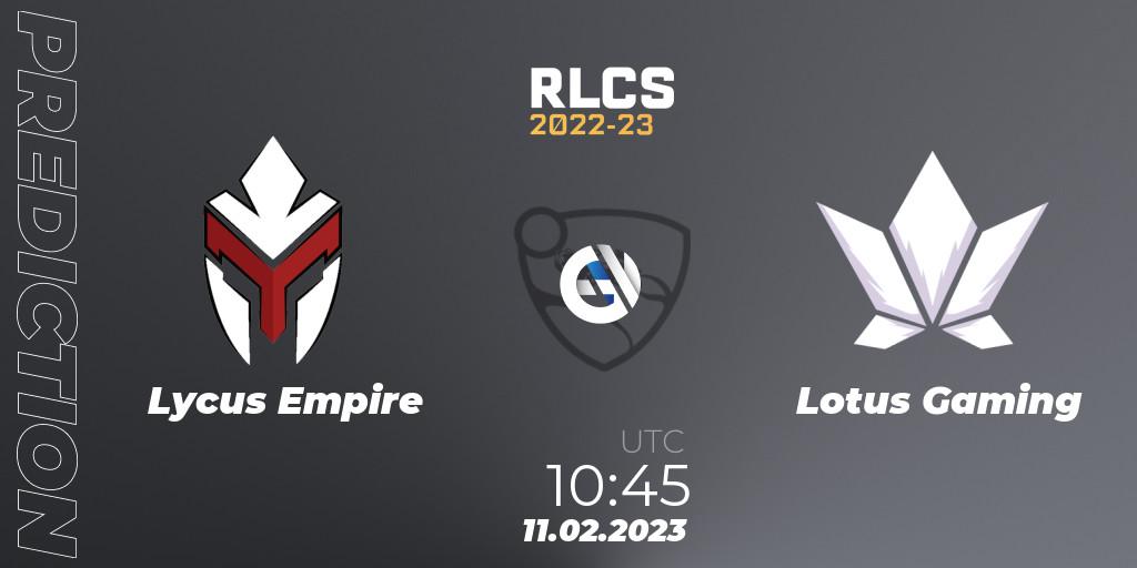 Pronósticos Lycus Empire - Lotus Gaming. 11.02.2023 at 10:45. RLCS 2022-23 - Winter: Asia-Pacific Regional 2 - Winter Cup - Rocket League