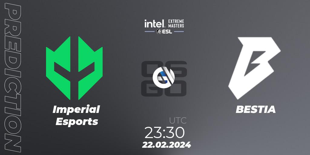 Pronósticos Imperial Esports - BESTIA. 22.02.2024 at 23:30. Intel Extreme Masters Dallas 2024: South American Closed Qualifier - Counter-Strike (CS2)