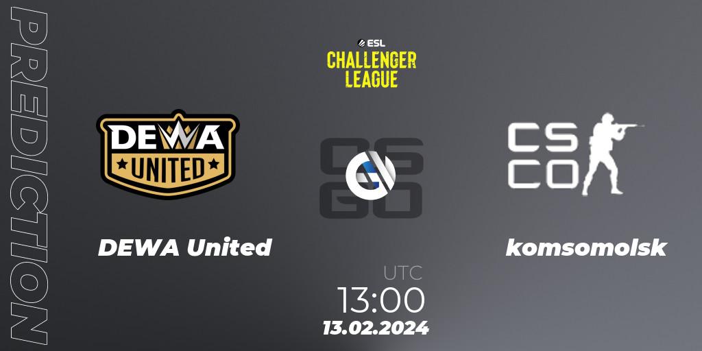 Pronósticos DEWA United - komsomolsk. 13.02.2024 at 13:00. ESL Challenger League Season 47: Asia - Counter-Strike (CS2)