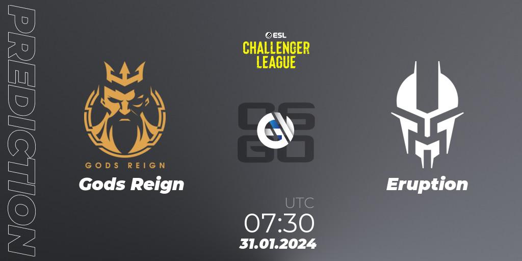 Pronósticos Gods Reign - Eruption. 31.01.2024 at 07:30. ESL Challenger League Season 46 Relegation: Asia-Pacific - Counter-Strike (CS2)