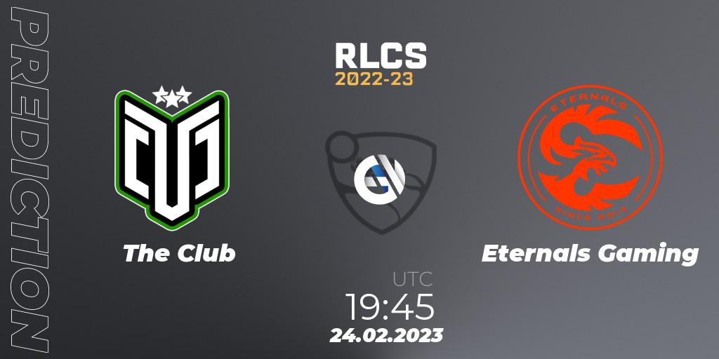 Pronósticos The Club - Eternals Gaming. 24.02.2023 at 19:45. RLCS 2022-23 - Winter: South America Regional 3 - Winter Invitational - Rocket League