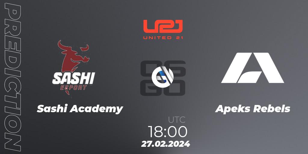 Pronósticos Sashi Academy - Apeks Rebels. 27.02.2024 at 18:00. United21 Season 11: Division 2 - Counter-Strike (CS2)