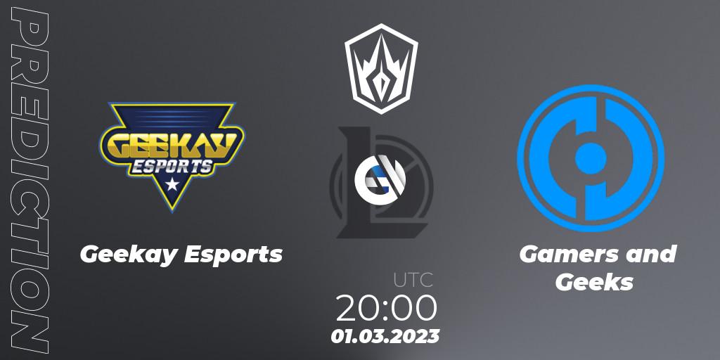 Pronósticos Geekay Esports - Gamers and Geeks. 01.03.2023 at 21:00. Arabian League Spring 2023 - LoL