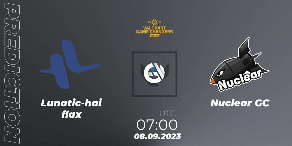 Pronósticos Lunatic-hai flax - Nuclear GC. 08.09.2023 at 07:10. VCT 2023: Game Changers Korea Stage 2 - VALORANT