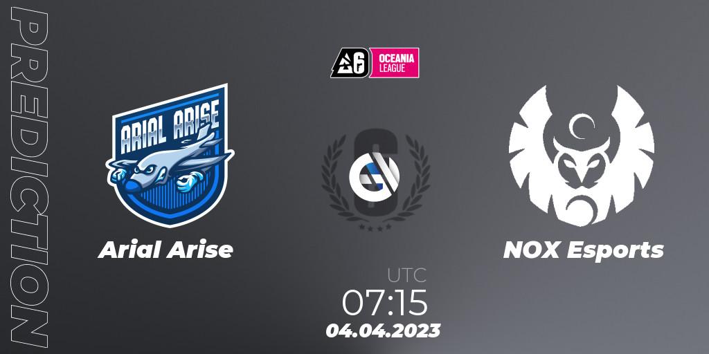 Pronósticos Arial Arise - NOX Esports. 04.04.2023 at 07:15. Oceania League 2023 - Stage 1 - Rainbow Six