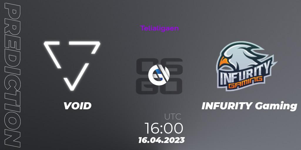 Pronósticos VOID - INFURITY Gaming. 16.04.2023 at 16:00. Telialigaen Spring 2023: Group stage - Counter-Strike (CS2)