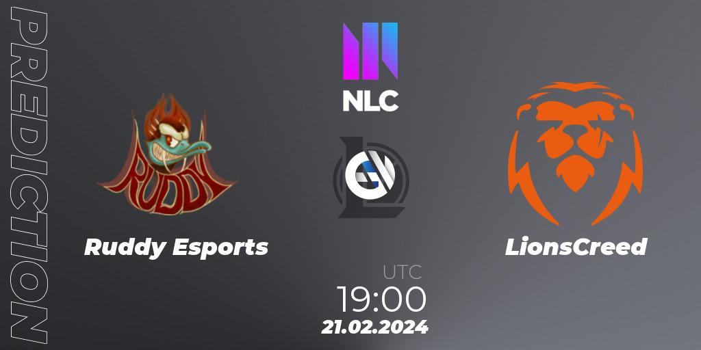 Pronósticos Ruddy Esports - LionsCreed. 21.02.2024 at 19:00. NLC 1st Division Spring 2024 - LoL
