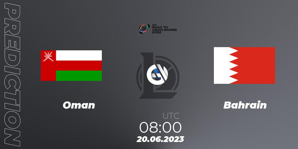 Pronósticos Oman - Bahrain. 20.06.2023 at 08:00. 2022 AESF Road to Asian Games - West Asia - LoL