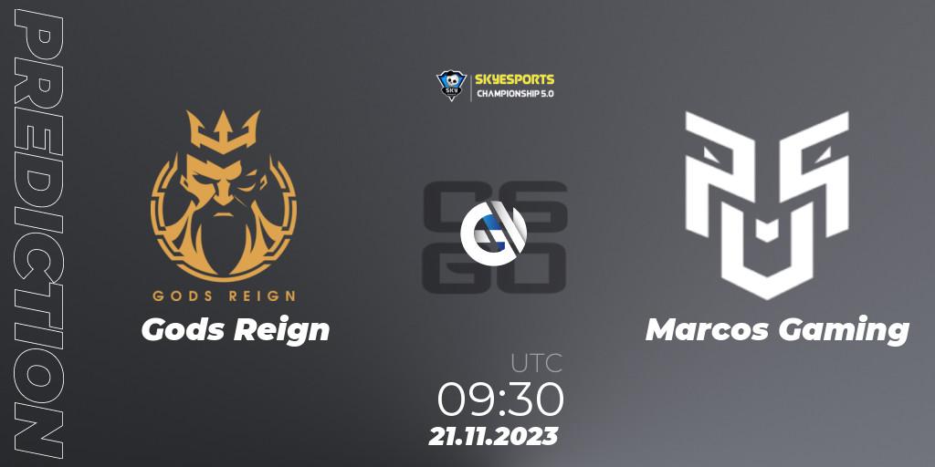 Pronósticos Gods Reign - Marcos Gaming. 21.11.2023 at 11:30. Skyesports Championship 2023: Indian Qualifier - Counter-Strike (CS2)