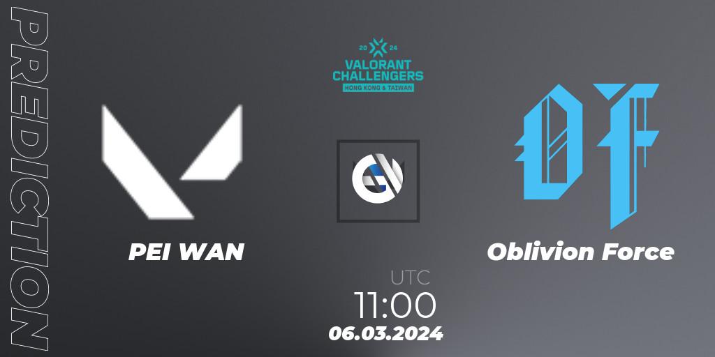 Pronósticos PEI WAN - Oblivion Force. 06.03.2024 at 11:00. VALORANT Challengers Hong Kong and Taiwan 2024: Split 1 - VALORANT