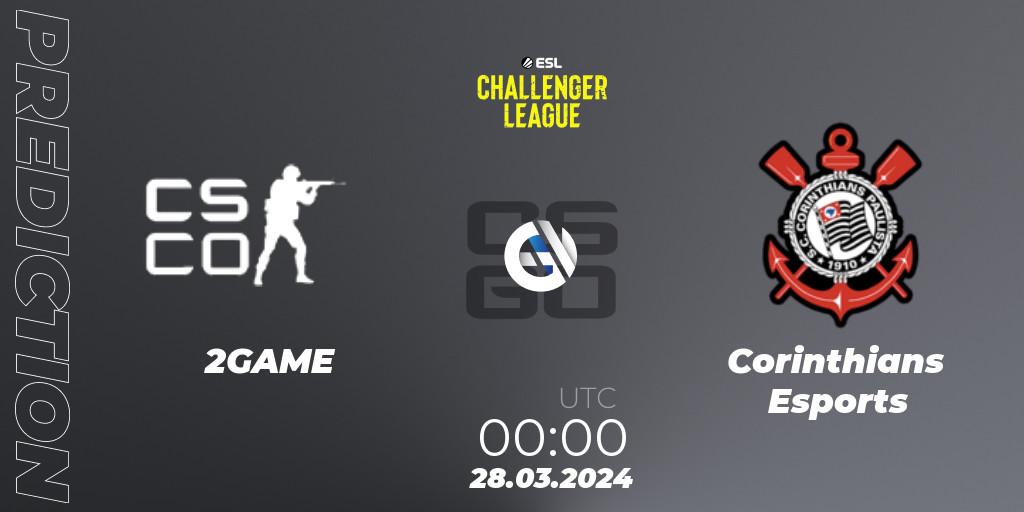 Pronósticos 2GAME - Corinthians Esports. 28.03.2024 at 00:00. ESL Challenger League Season 47: South America - Counter-Strike (CS2)