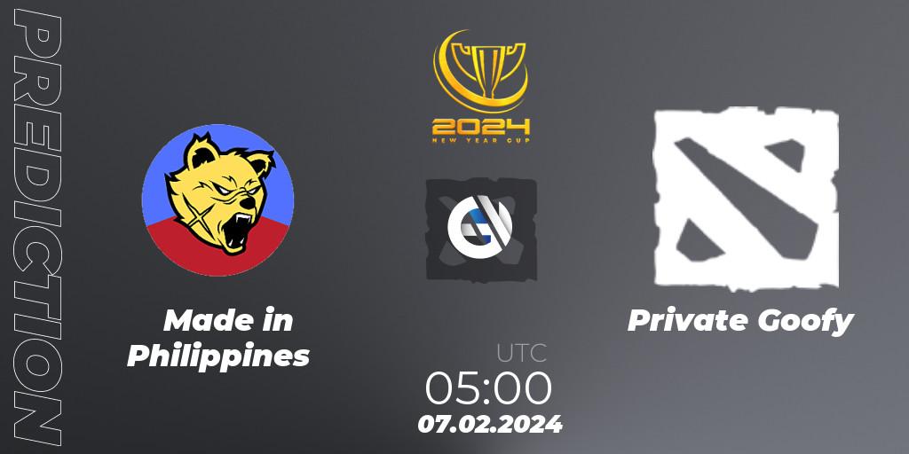 Pronósticos Made in Philippines - Private Goofy. 07.02.2024 at 05:00. New Year Cup 2024 - Dota 2