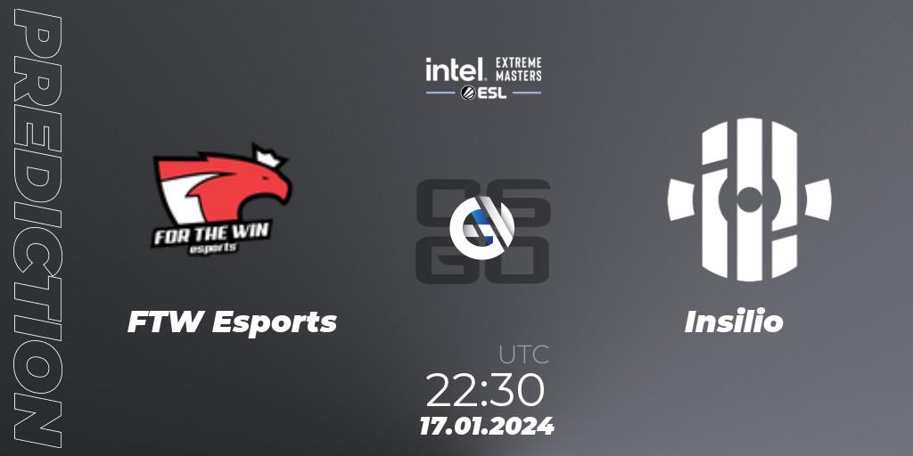 Pronósticos FTW Esports - Insilio. 17.01.2024 at 22:30. Intel Extreme Masters China 2024: European Open Qualifier #1 - Counter-Strike (CS2)